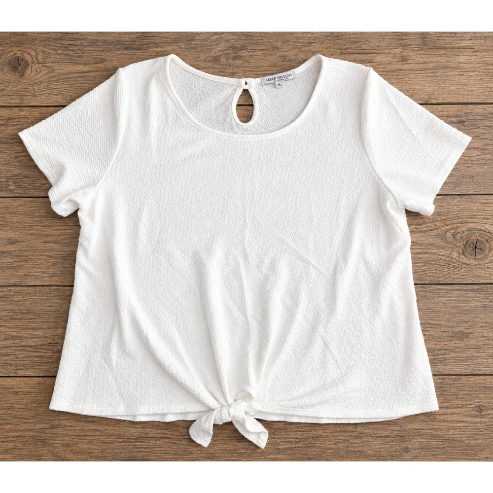 Green Envelope Top Front Tie Short Sleeve Textured Keyhole Back White Large